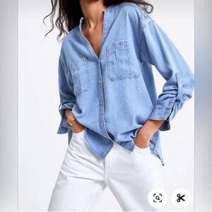 Zara Light Blue Lyocell Denim Shirt Oversized Button Down XL